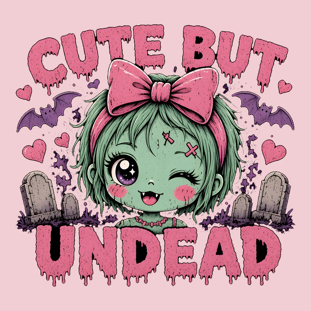 Cute But Undead Pink Zombie Sweatshirt: Kawaii mint-green zombie head with a pink bow, one sparkly eye, one stitched X eye, blush, tiny fang and forehead stitches, plus hearts and a lavender bat