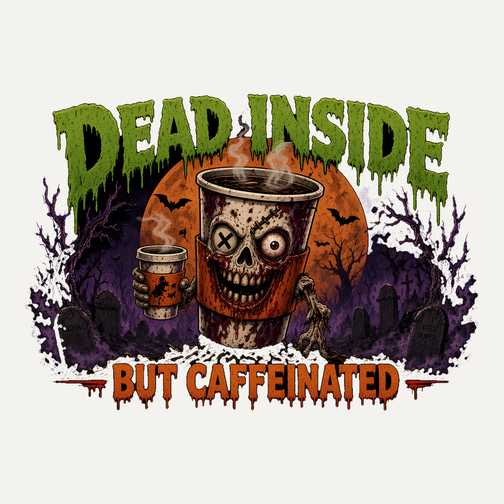 Dead Inside But Caffeinated Mug: DEAD INSIDE in dripping green Butcherman over a zombie to-go cup (green body, orange sleeve, X eye, stitched grin, forehead stitches), with BUT / CAFFEINATED in orange An