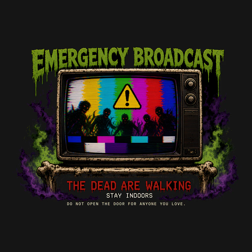 Emergency Broadcast: The Dead Are Walking Hoodie: TV color bars reading NO SIGNAL above a black emergency panel: yellow warning triangle with a rising zombie hand, VT323 terminal text EMERGENCY ALERT SYSTEM / THE DEAD AR