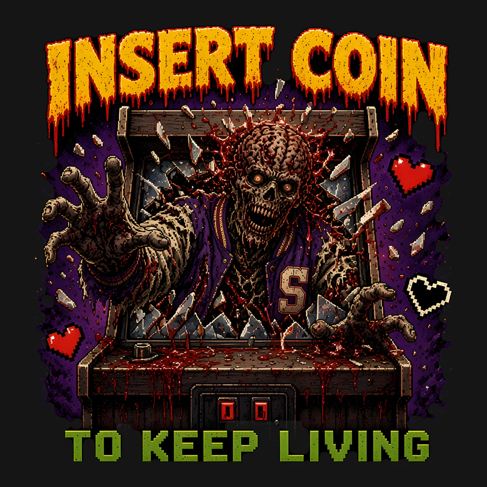 Insert Coin to Keep Living Pixel Zombie Tee: Original 16x18 pixel-art zombie head (exposed pink brain, red eyes, stitched teeth) with INSERT COIN (yellow, red drop shadow), TO KEEP LIVING (green), and a LIVES bar wi