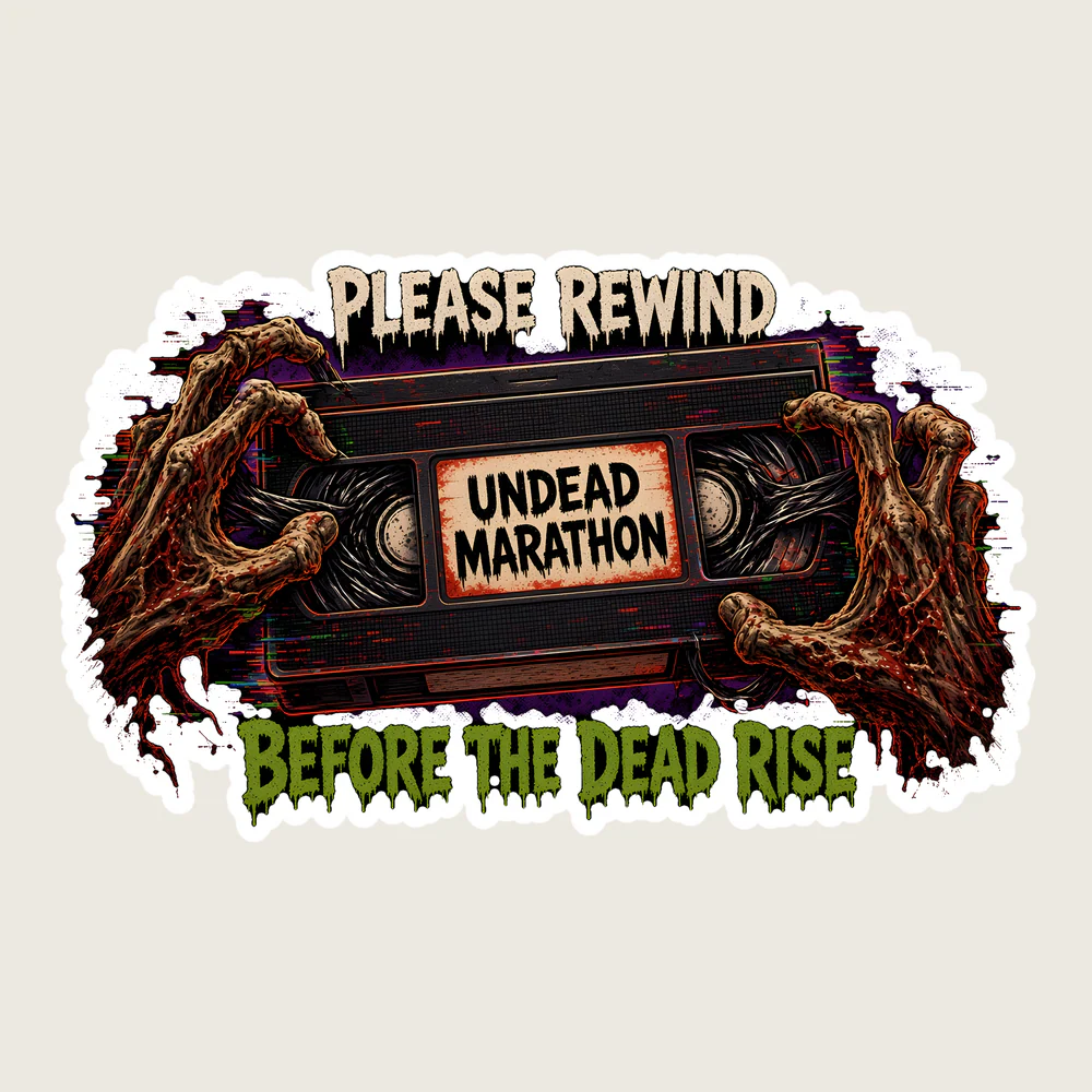 Please Rewind VHS Horror Vinyl Sticker design close-up