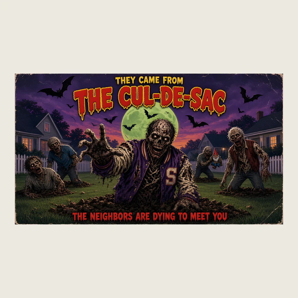 They Came From the Cul-de-Sac Retro Horror Poster: Original fake 80s B-movie one-sheet: purple-to-orange sky, giant glowing green moon, bats, suburban houses with lit windows, white picket fence, zombie hands in torn slee