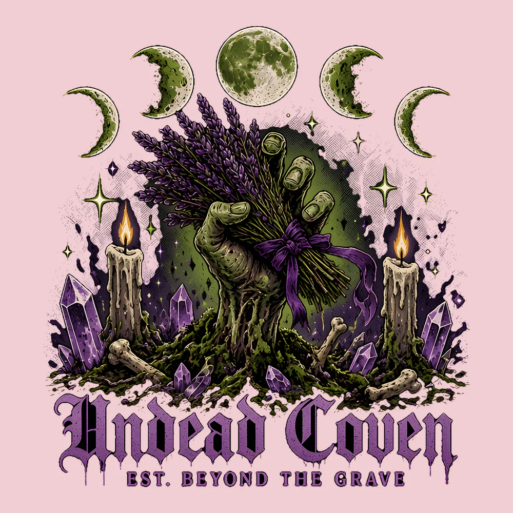 Undead Coven Witchcore Sweatshirt: Row of five moon phases over a pale-green zombie hand clutching a bundle of lavender and sage tied with a purple ribbon, bone sparkles, Undead / Coven in lavender gothic