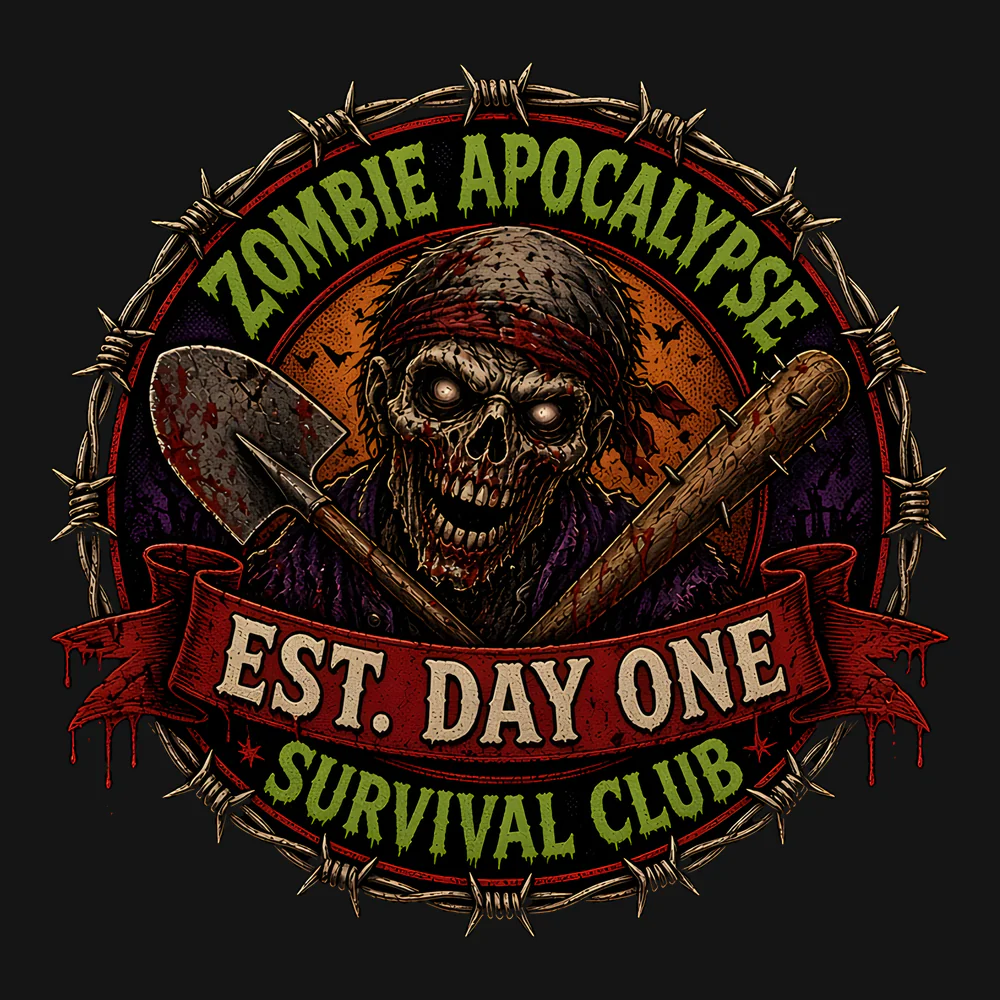 Zombie Apocalypse Survival Club Tee: Round club patch: toxic-green ring with ZOMBIE APOCALYPSE / SURVIVAL CLUB set on an arc, a bone skull over a crossed shovel and nail-studded bat, red ribbon EST