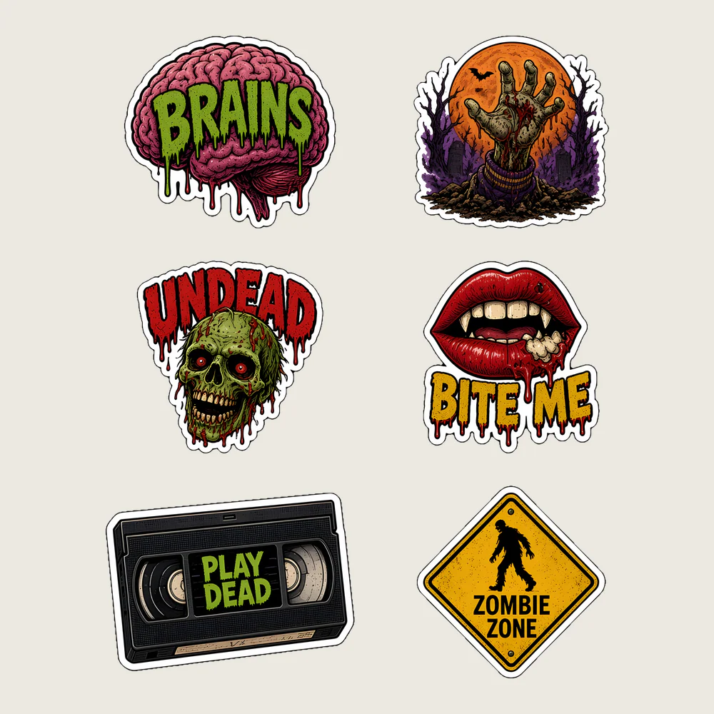 Zombie Survival Kit Sticker Sheet: Six kiss-cut stickers: BRAINS (pink brain), graveyard hand at full moon, UNDEAD skull, BITE ME, PLAY DEAD VHS tape, and a yellow ZOMBIE ZONE diamond road sign