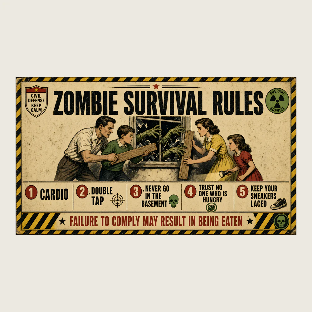 Zombie Survival Rules Poster: Vintage civil-defense bulletin on cream paper inside a yellow/black hazard-stripe border: OFFICIAL / ZOMBIE SURVIVAL / RULES, issued by the Zombiest Dept