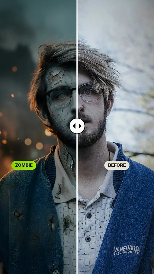 Before and after: a man's photo, half normal and half turned into a gore-free zombie