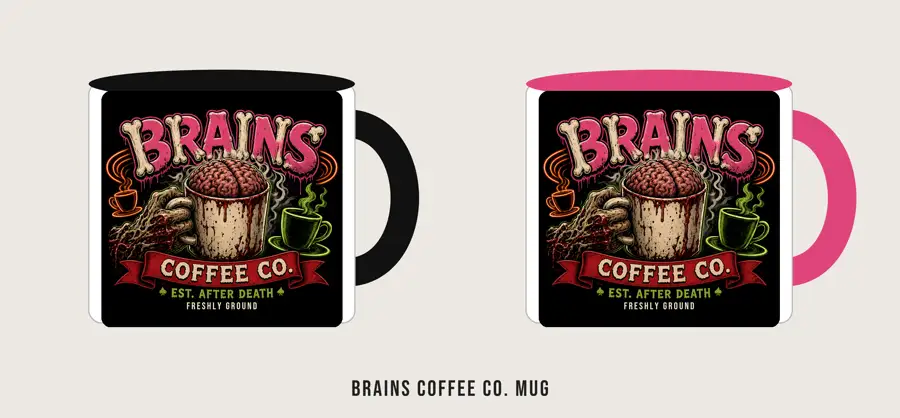 Brains Coffee Co. Mug: Retro café logo: BRAINS in chunky pink type, a steaming mug overflowing with a pink brain, red FRESHLY GROUND band, green ribbon COFFEE CO
