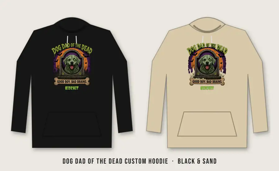 Dog Dad of the Dead Custom Hoodie: Cracked stone tombstone with a round Zombify Me photo window (dog photo in green duotone with stitches and slime), DOG DAD OF THE DEAD arched above in toxic green, the do