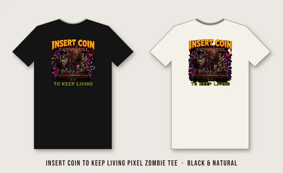 Insert Coin to Keep Living Pixel Zombie Tee: Original 16x18 pixel-art zombie head (exposed pink brain, red eyes, stitched teeth) with INSERT COIN (yellow, red drop shadow), TO KEEP LIVING (green), and a LIVES bar wi