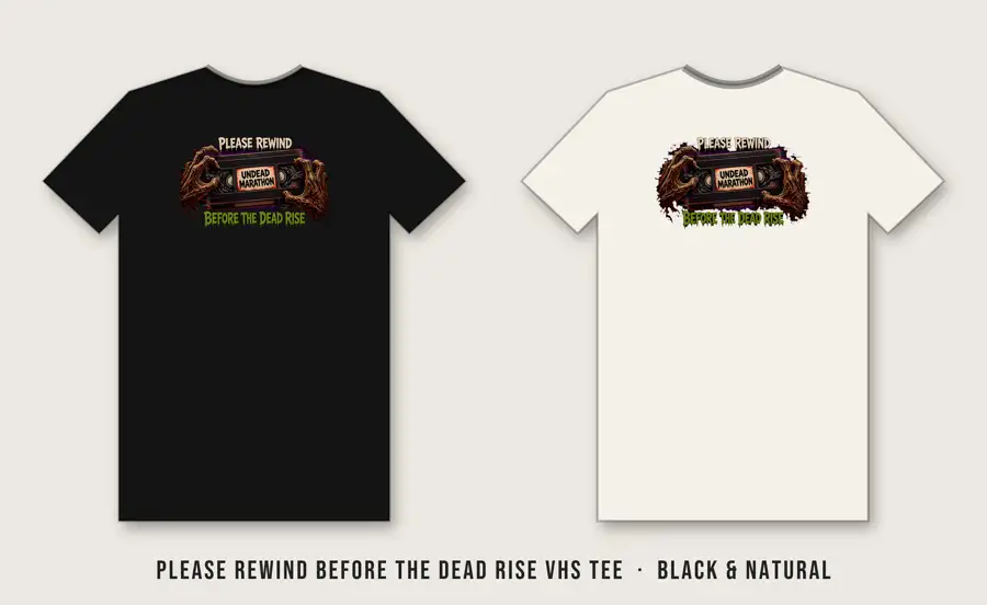 Please Rewind Before the Dead Rise VHS Tee: Original VHS cassette with a bone label reading UNDEAD MARATHON / HOME VIDEO · SP · T-120 · 1986 and retro red-orange-yellow stripes, RGB tracking-glitch bars, headline P