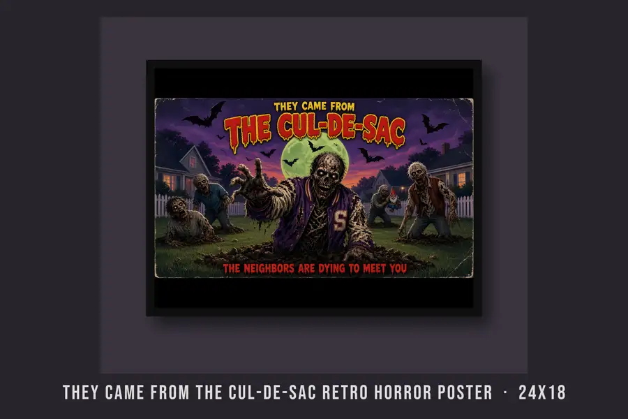 They Came From the Cul-de-Sac Retro Horror Poster: Original fake 80s B-movie one-sheet: purple-to-orange sky, giant glowing green moon, bats, suburban houses with lit windows, white picket fence, zombie hands in torn slee