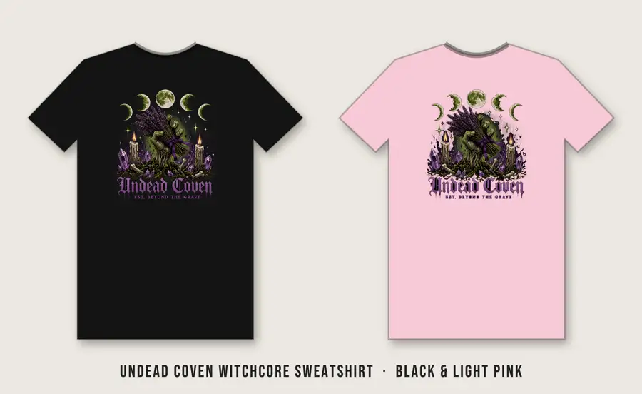 Undead Coven Witchcore Sweatshirt: Row of five moon phases over a pale-green zombie hand clutching a bundle of lavender and sage tied with a purple ribbon, bone sparkles, Undead / Coven in lavender gothic