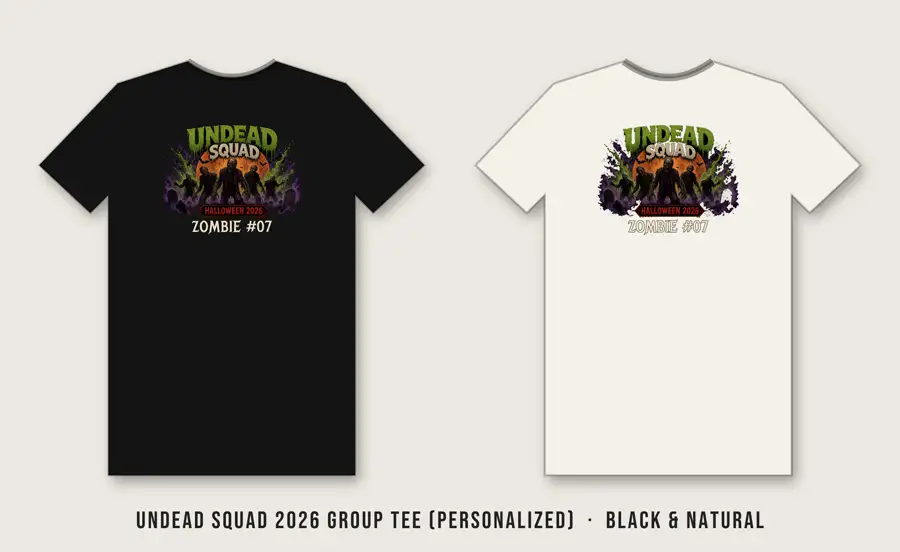 Undead Squad 2026 Group Tee (Personalized): Green slime splat behind UNDEAD (Black Ops One, toxic green) and SQUAD (Anton, bone with drips), red HALLOWEEN 2026 tag, personalized line in arcade type (default ZOMBIE