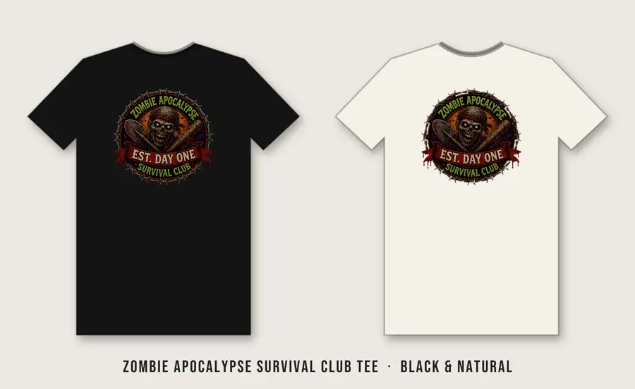Zombie Apocalypse Survival Club Tee: Round club patch: toxic-green ring with ZOMBIE APOCALYPSE / SURVIVAL CLUB set on an arc, a bone skull over a crossed shovel and nail-studded bat, red ribbon EST