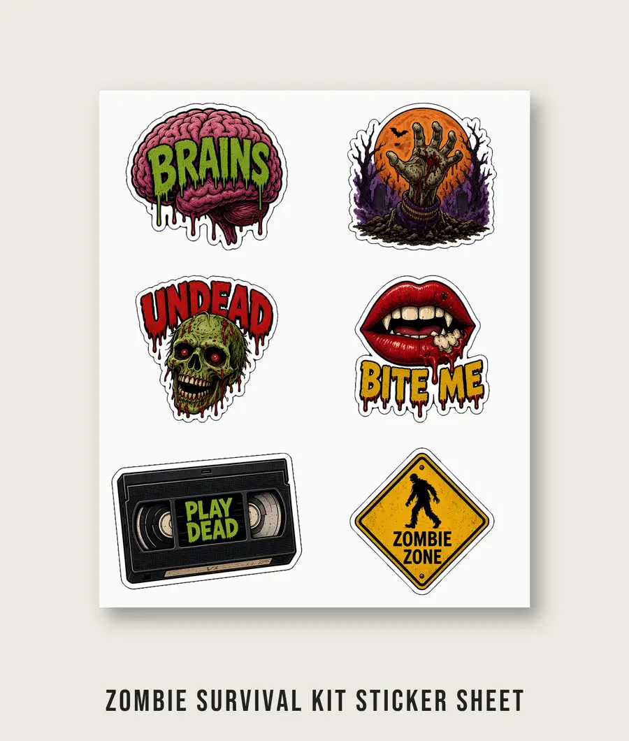 Zombie Survival Kit Sticker Sheet: Six kiss-cut stickers: BRAINS (pink brain), graveyard hand at full moon, UNDEAD skull, BITE ME, PLAY DEAD VHS tape, and a yellow ZOMBIE ZONE diamond road sign