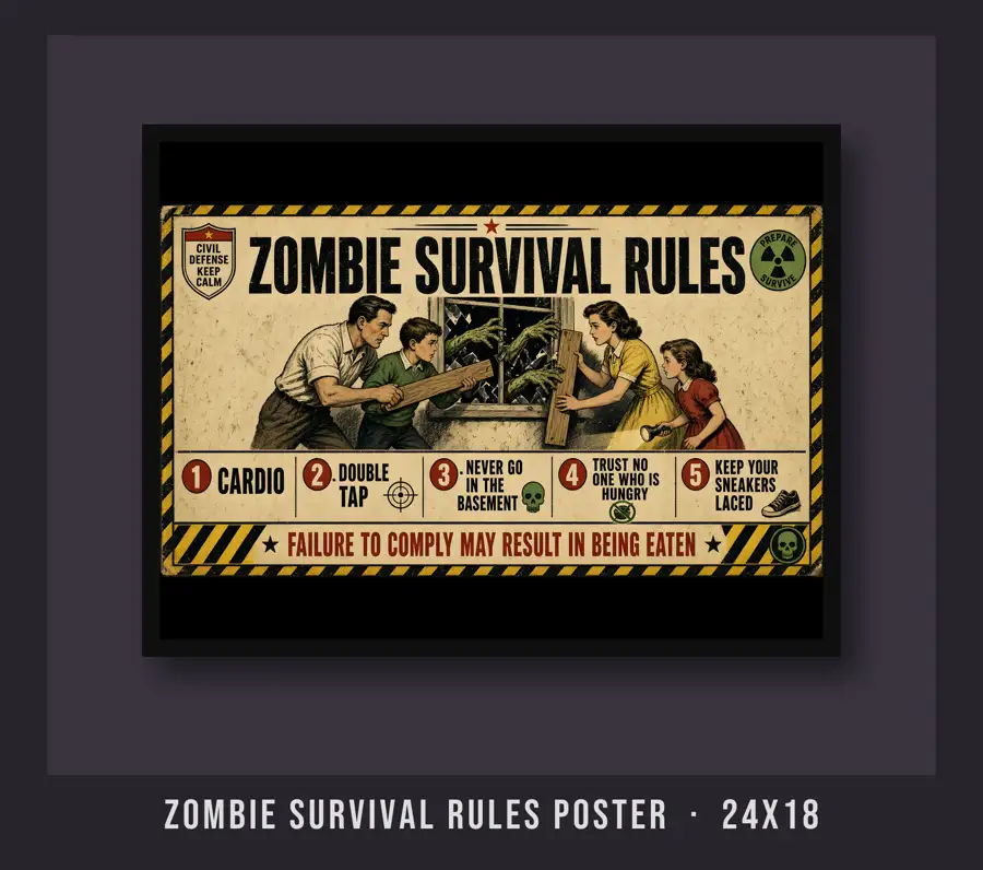 Zombie Survival Rules Poster: Vintage civil-defense bulletin on cream paper inside a yellow/black hazard-stripe border: OFFICIAL / ZOMBIE SURVIVAL / RULES, issued by the Zombiest Dept