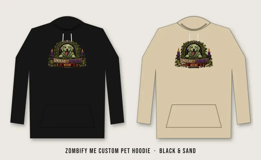 Zombify Me Custom Pet Hoodie: Same Zombify Me tombstone frame art as product 10, printed on the hoodie front