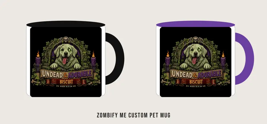 Zombify Me Custom Pet Mug: Zombify Me portrait frame on both sides of an 11 oz accent mug (generate a mug wrap per order with zombify
