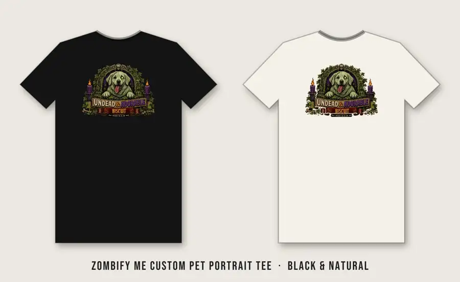 Zombify Me Custom Pet Portrait Tee: Stone tombstone-arch frame dripping toxic slime, UNDEAD & ADORABLE on an arc, zombie hands gripping the sides, a bone name banner (pet name in Metal Mania red) and RISEN