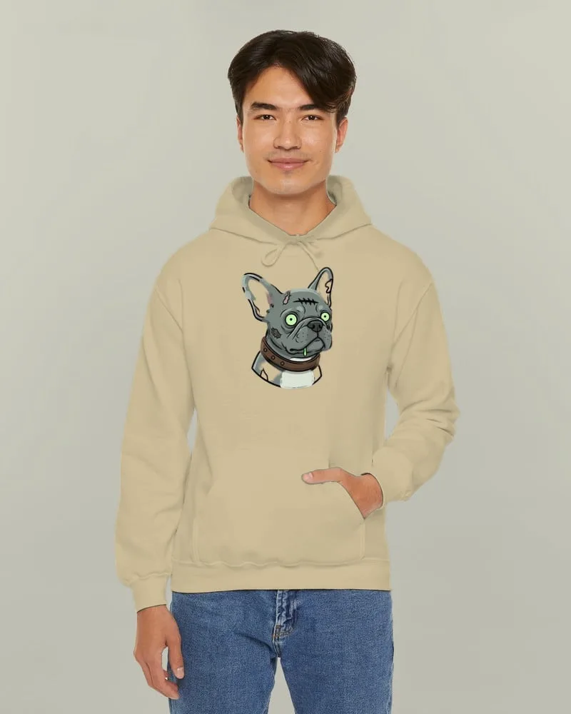 Zombify Me Custom Zombie Portrait Hoodie: a zombie portrait printed on the chest of a black Gildan 18500 hoodie