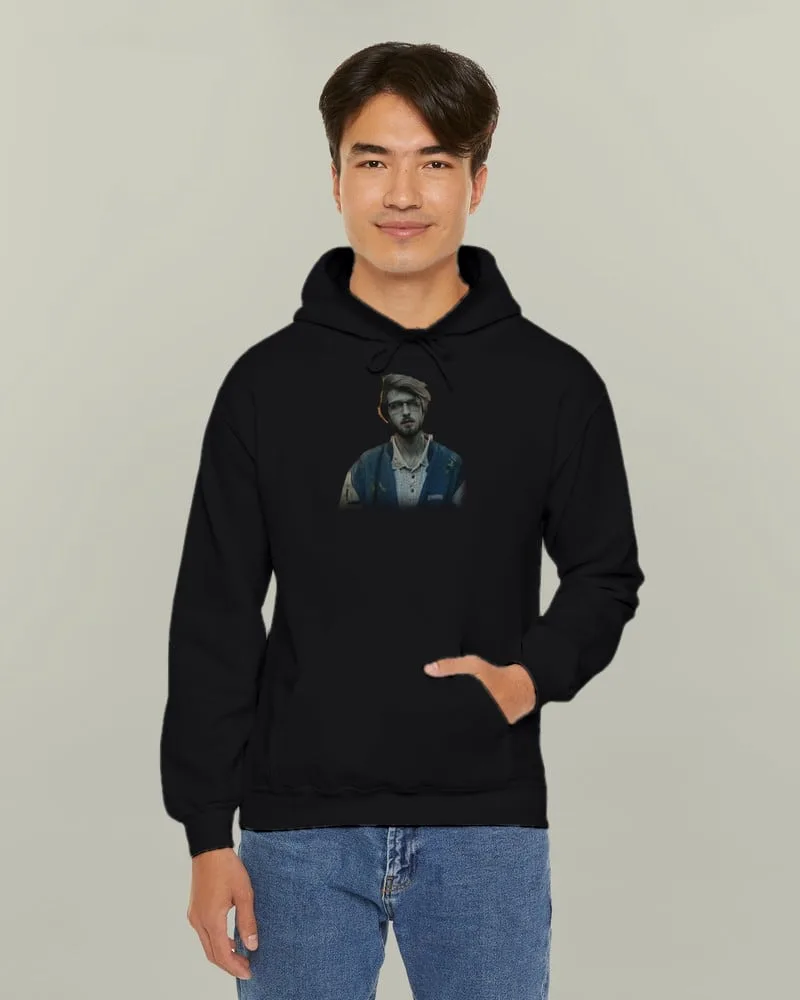 Zombify Me Custom Zombie Portrait Hoodie: a zombie portrait printed on the chest of a black Gildan 18500 hoodie