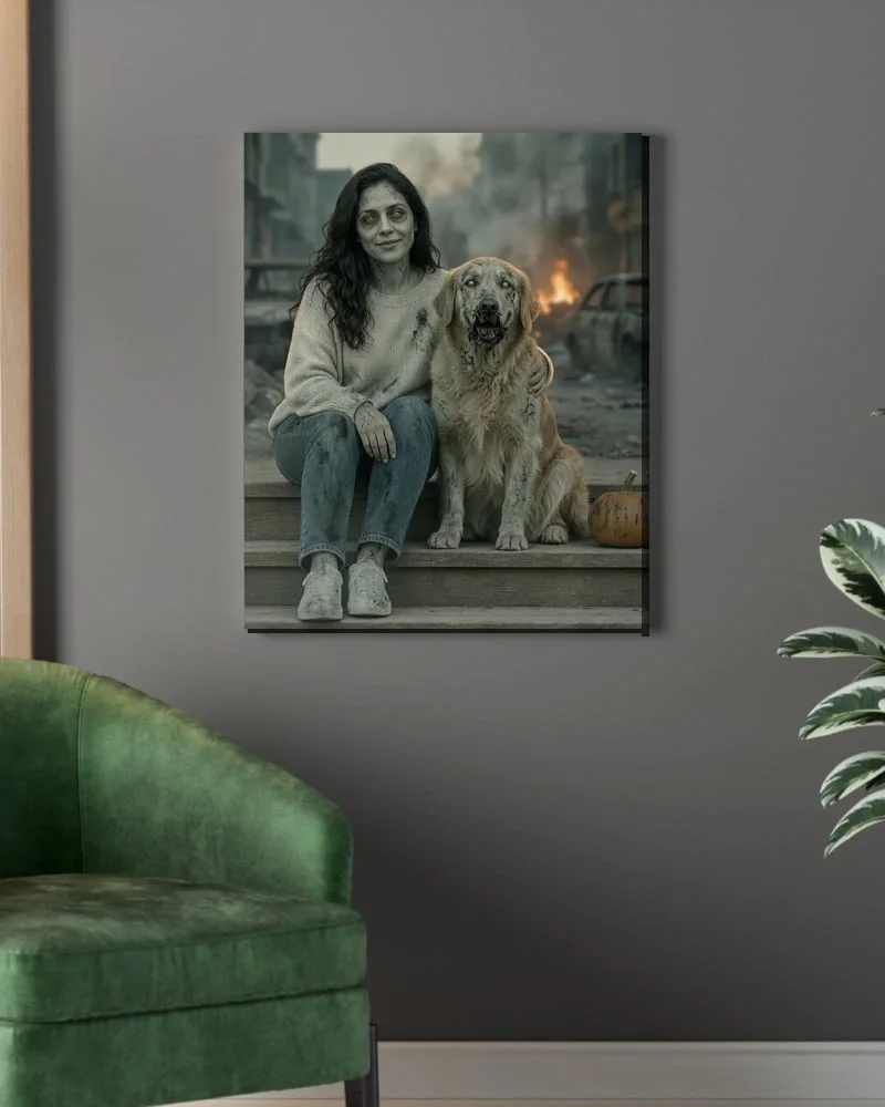 Zombify Me Custom Zombie Canvas: a zombie portrait scene printed on a stretched canvas hanging on a wall