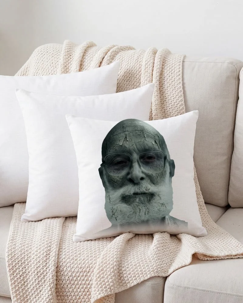 Zombify Me Custom Zombie Pillow: a cut-out zombie pet portrait printed on a white 18 inch throw pillow on a sofa