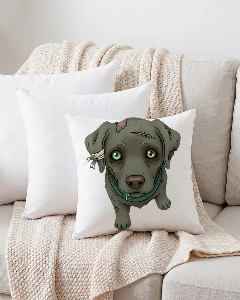 Zombify Me Custom Zombie Pillow: a cut-out zombie pet portrait printed on a white 18 inch throw pillow on a sofa
