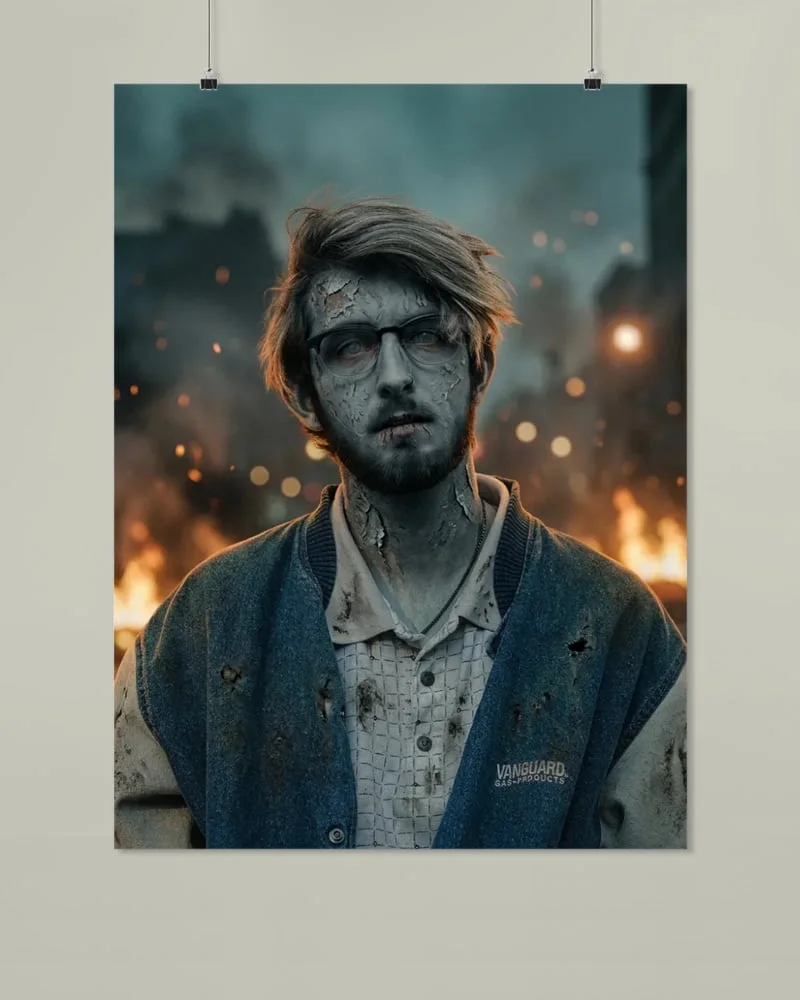 Zombify Me Custom Zombie Poster: a zombie portrait scene printed on a matte poster hanging on a wall