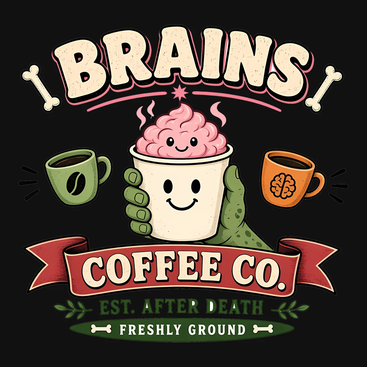 Print close-up of the Brains Coffee Co. design: cream BRAINS lettering, a smiling cup topped with a pink brain swirl, red COFFEE CO. ribbon, EST. AFTER DEATH