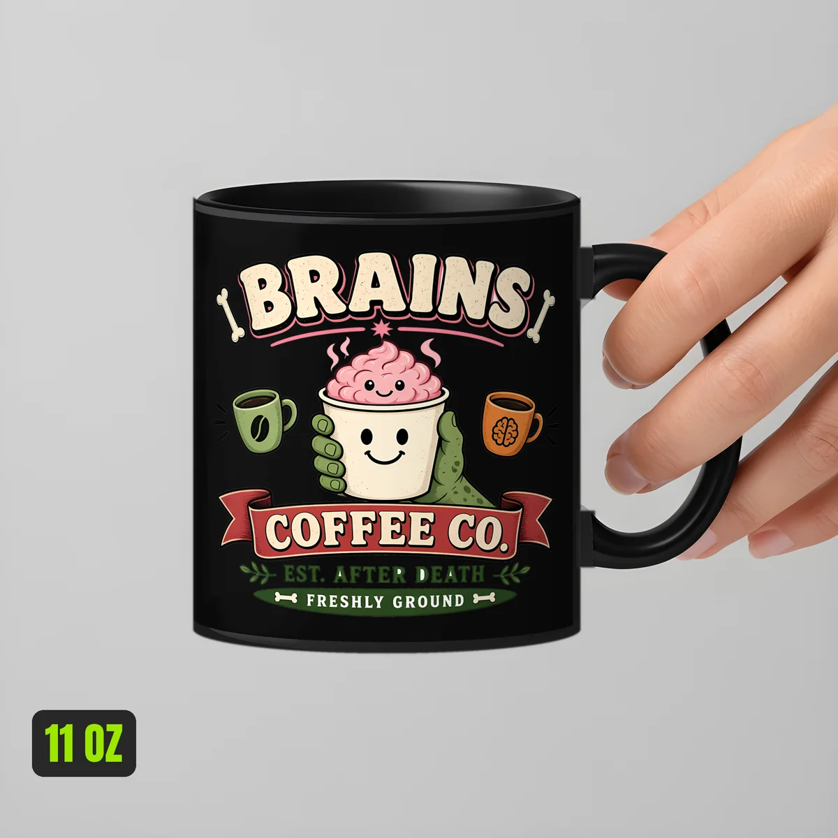 Brains Coffee Co. Mug held in a hand to show the 11 oz size