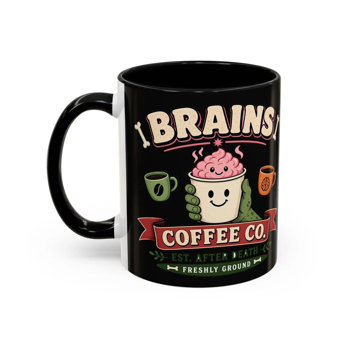 Brains Coffee Co. Mug from the other side, handle on the left, showing the second print