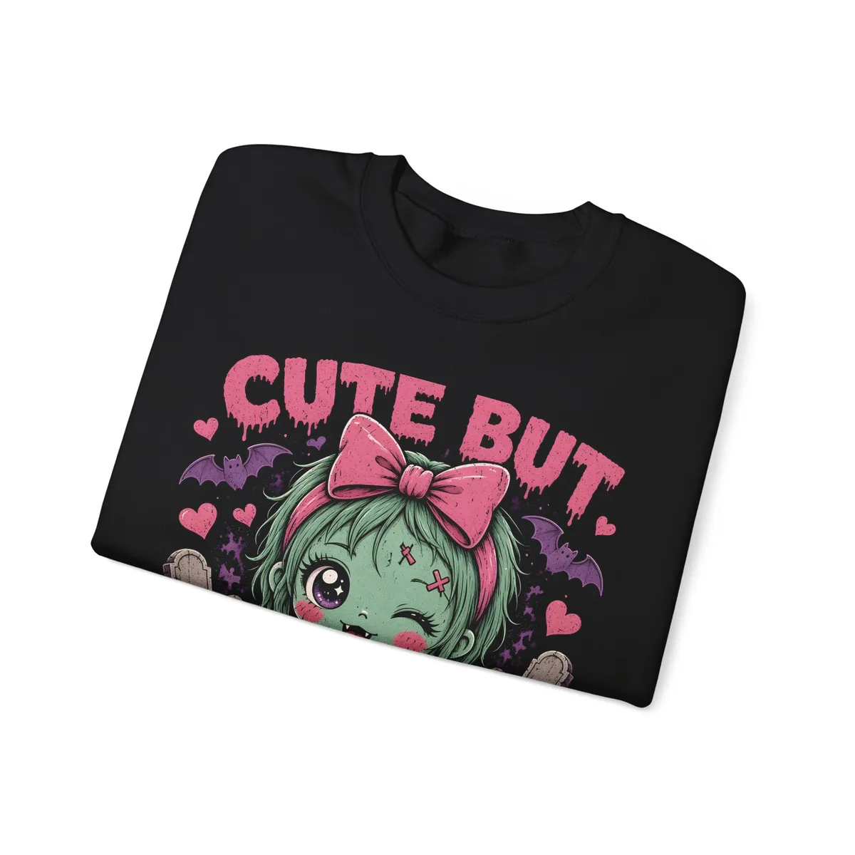 Cute But Undead Pink Zombie Sweatshirt in Black: folded flat