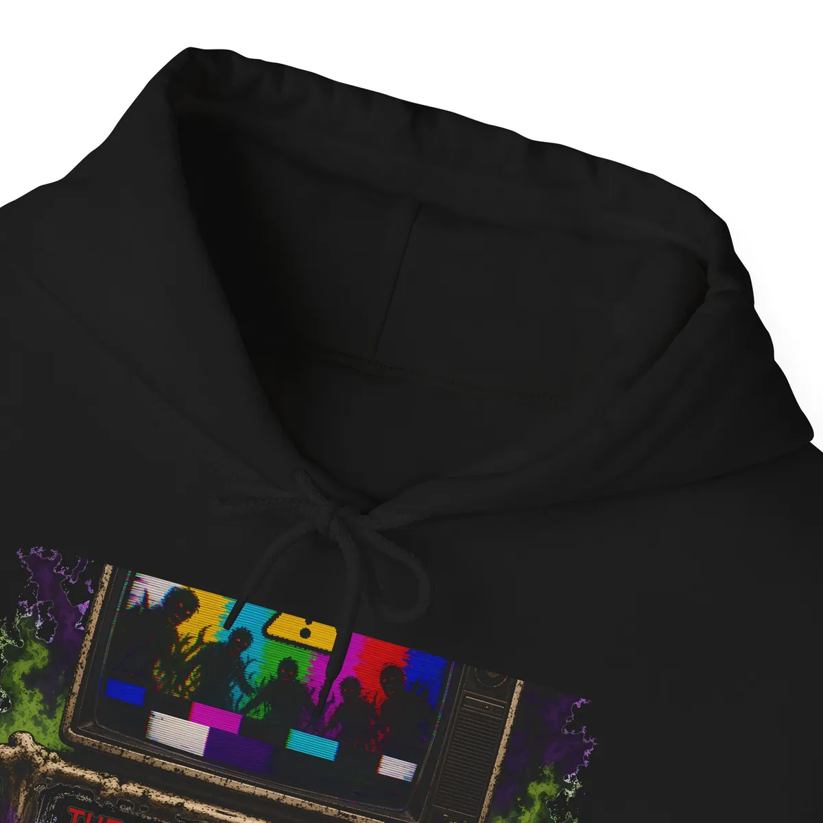 Emergency Broadcast: The Dead Are Walking Hoodie in Black: collar and fabric close-up