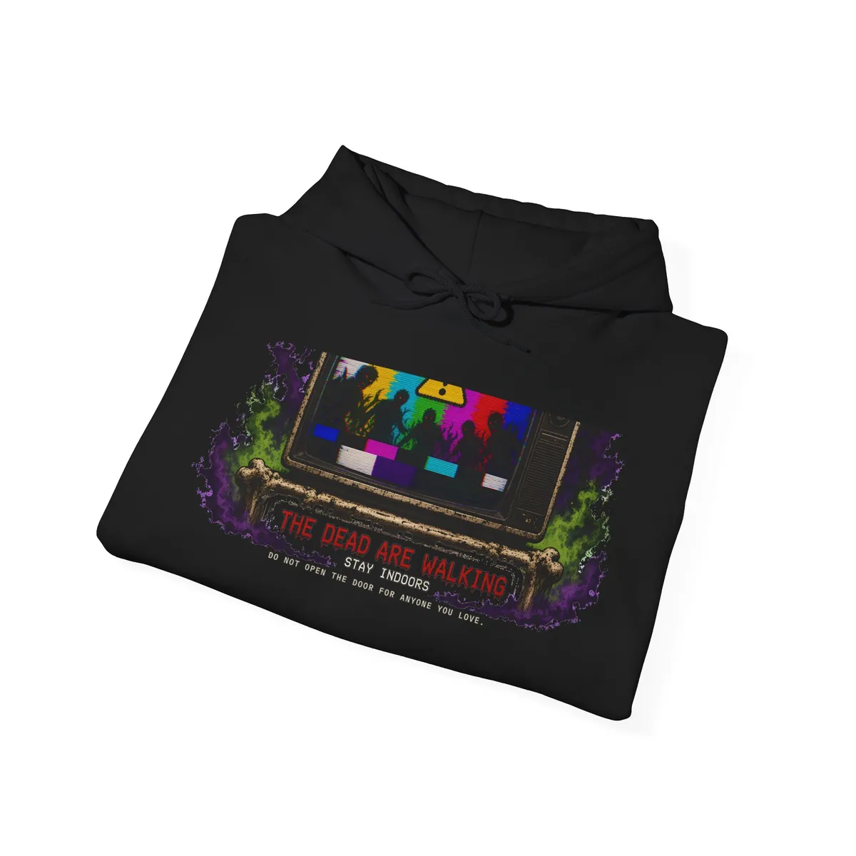 Emergency Broadcast: The Dead Are Walking Hoodie in Black: folded flat