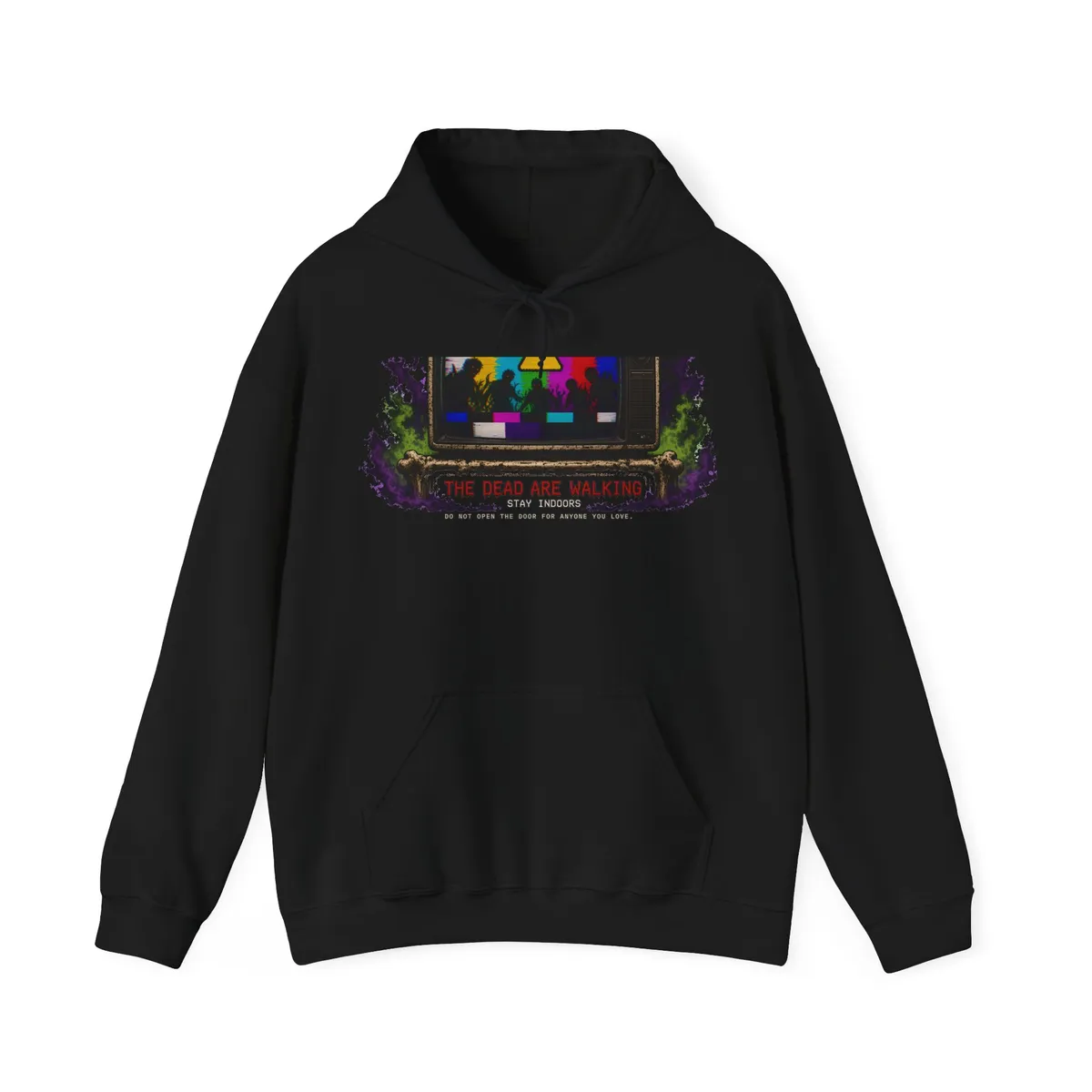 Emergency Broadcast: The Dead Are Walking Hoodie: TV color bars reading NO SIGNAL above a black emergency panel: yellow warning triangle with a rising zombie hand, VT323 terminal text EMERGENCY ALERT SYSTEM / THE DEAD AR