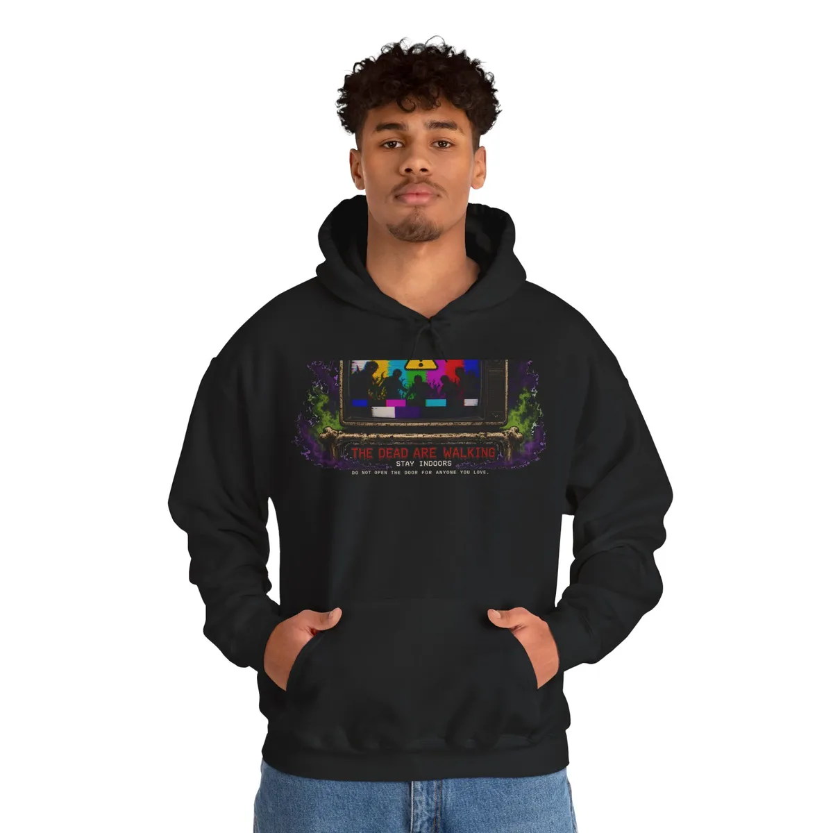 Emergency Broadcast: The Dead Are Walking Hoodie in Black: worn, second look