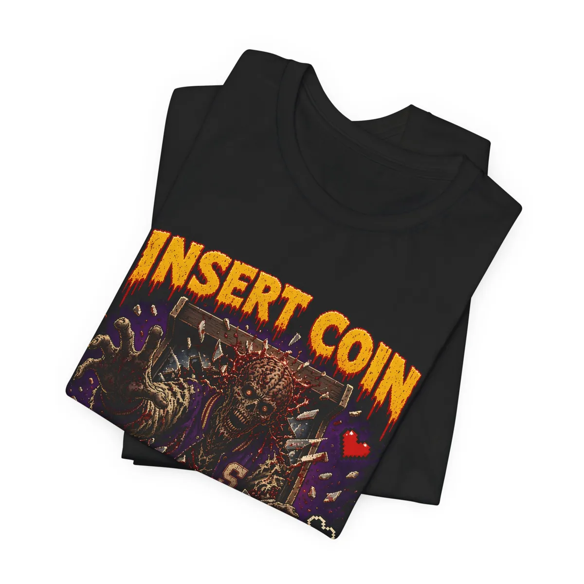 Insert Coin to Keep Living Pixel Zombie Tee in Black: folded flat