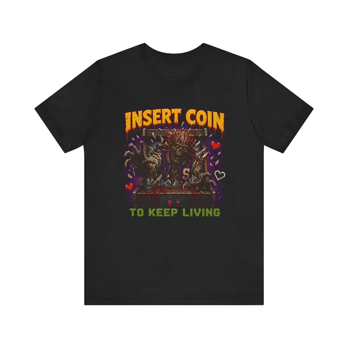 Insert Coin to Keep Living Pixel Zombie Tee: Original 16x18 pixel-art zombie head (exposed pink brain, red eyes, stitched teeth) with INSERT COIN (yellow, red drop shadow), TO KEEP LIVING (green), and a LIVES bar wi