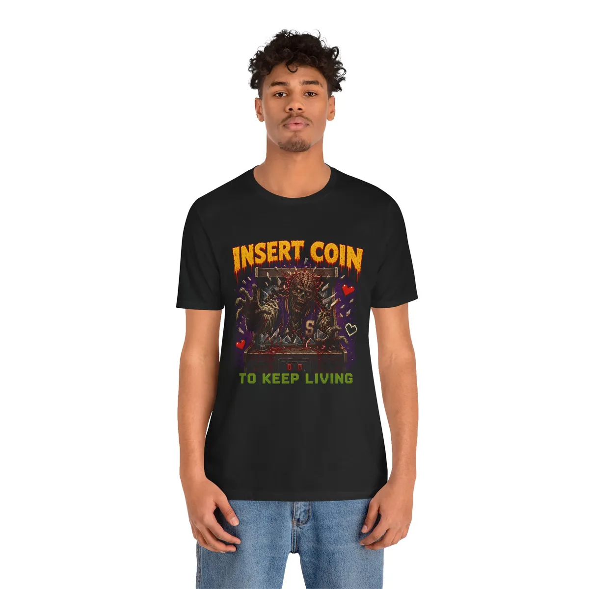 Insert Coin to Keep Living Pixel Zombie Tee in Black: worn, second look