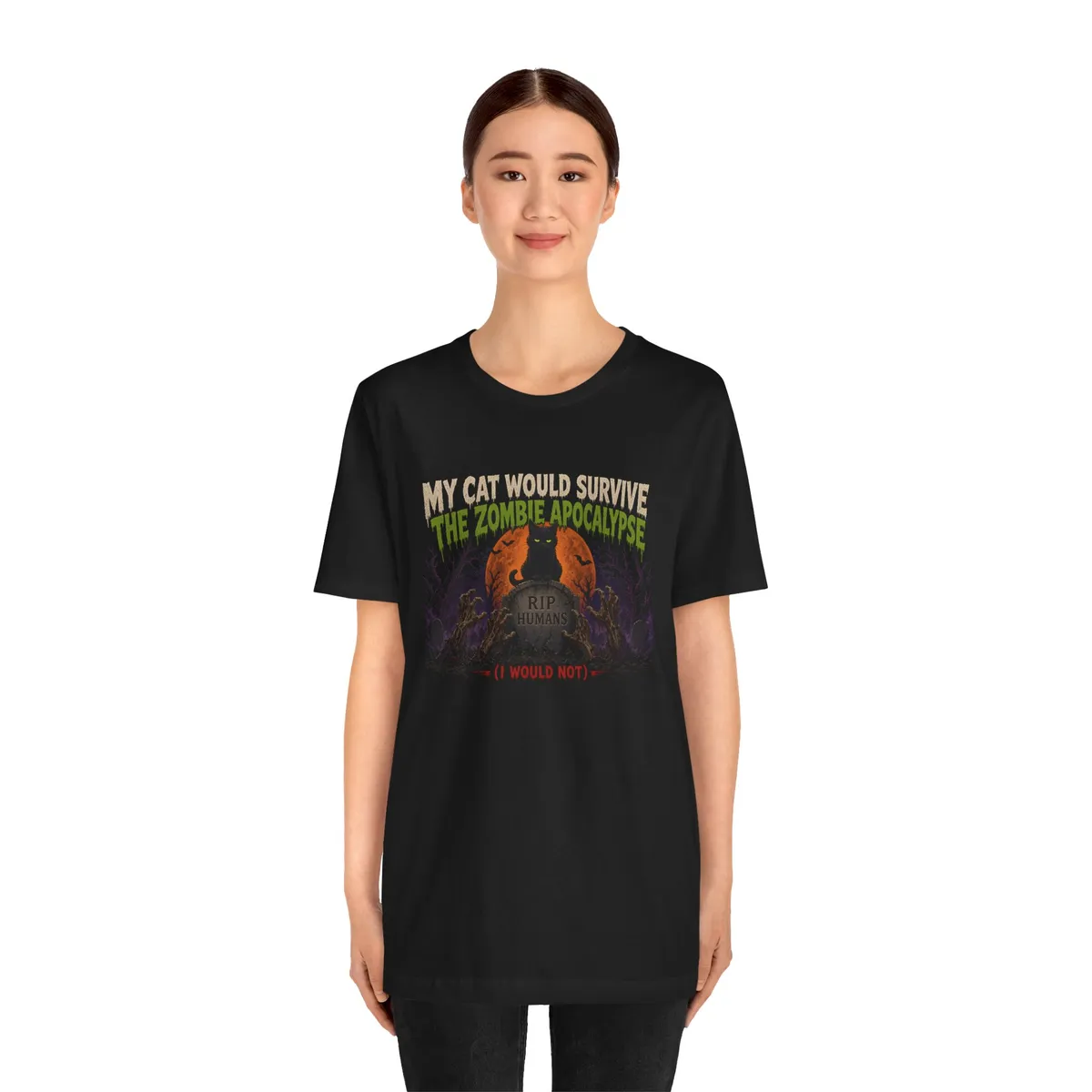 My Cat Would Survive the Zombie Apocalypse Tee in Black: worn by a model