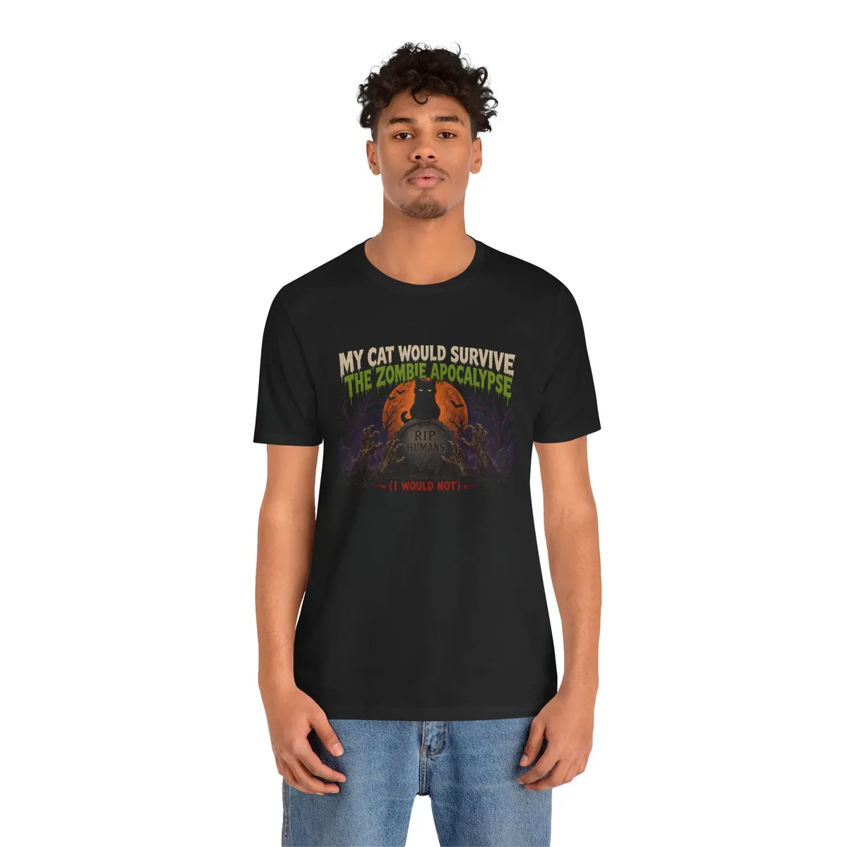 My Cat Would Survive the Zombie Apocalypse Tee in Black: worn, second look