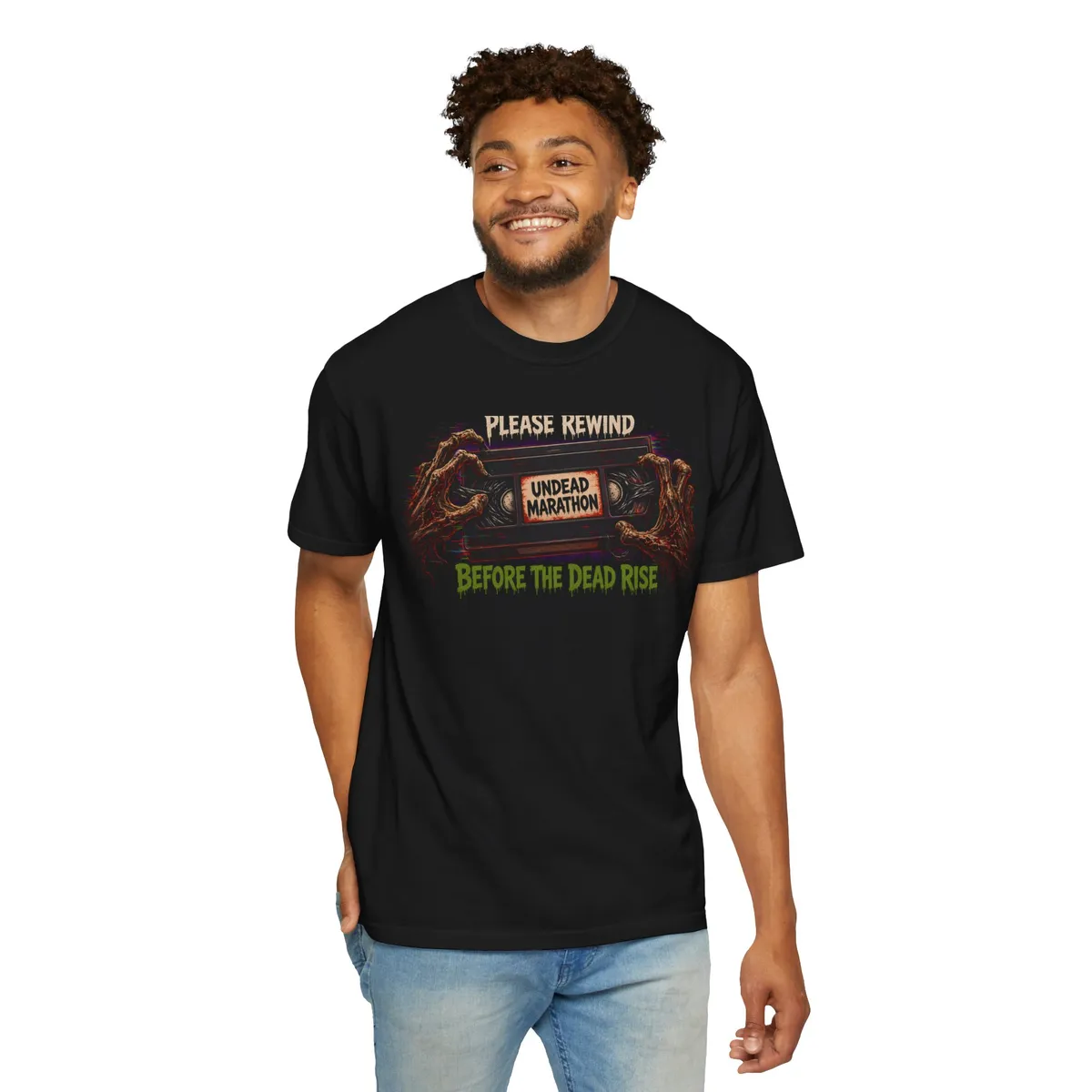 Please Rewind Before the Dead Rise VHS Tee in Black: collar and fabric close-up