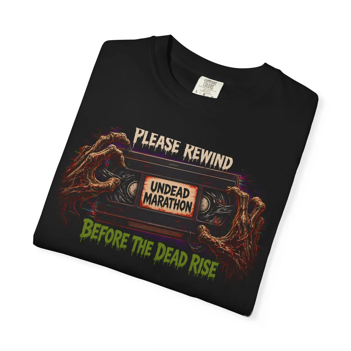 Please Rewind Before the Dead Rise VHS Tee in Black: folded flat