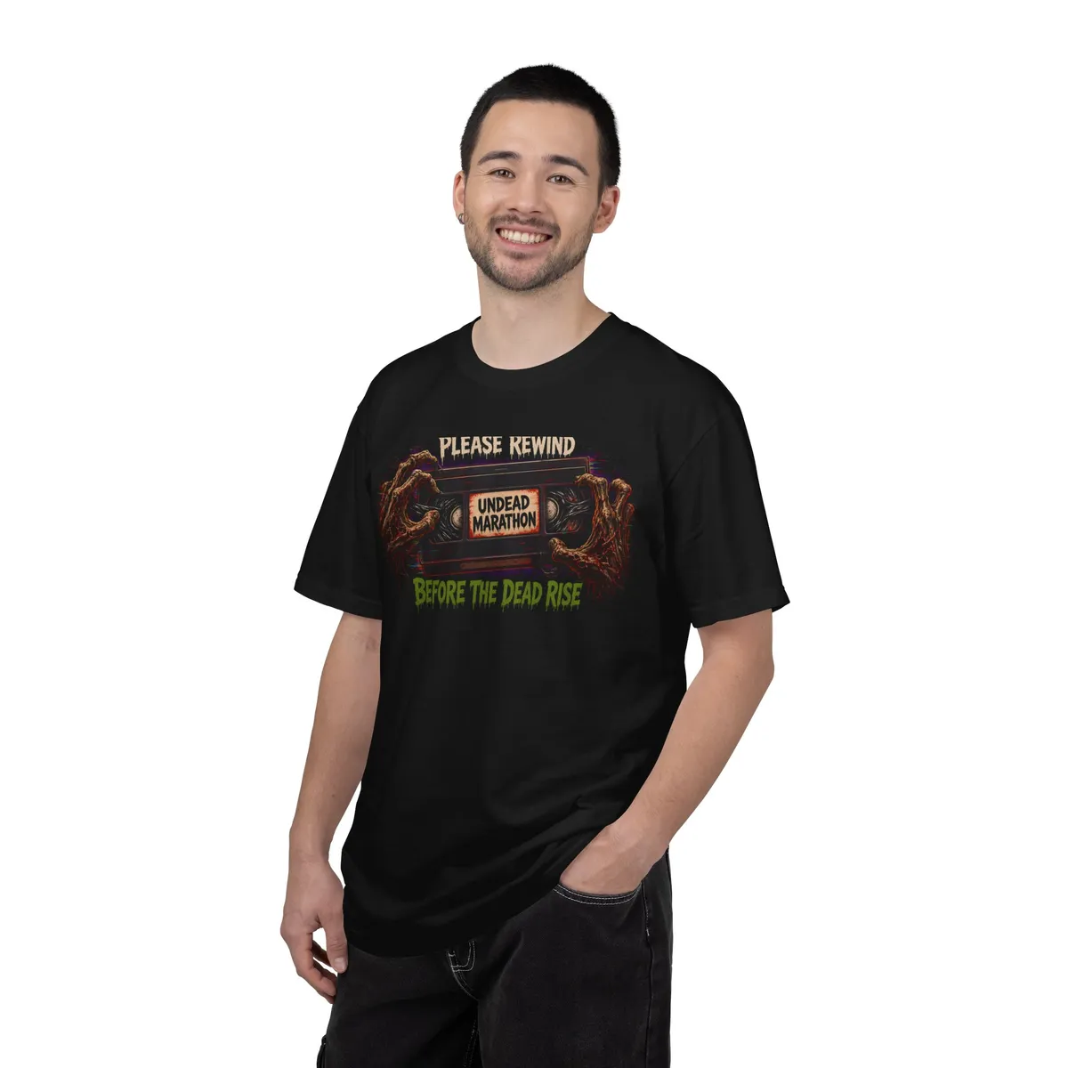 Please Rewind Before the Dead Rise VHS Tee in Black: worn by a model