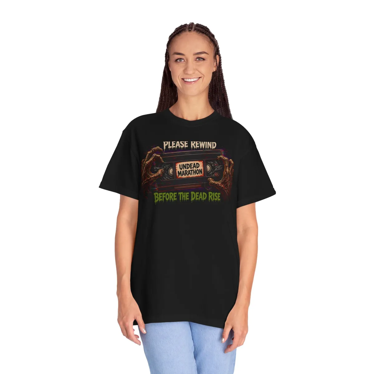 Please Rewind Before the Dead Rise VHS Tee in Black: worn, second look