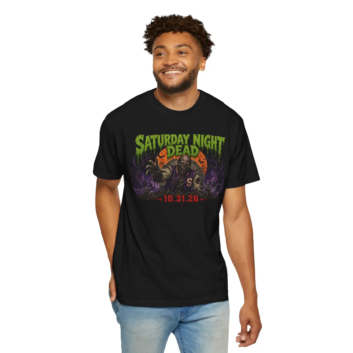 Saturday Night Dead 10.31.26 Tee in Black: collar and fabric close-up