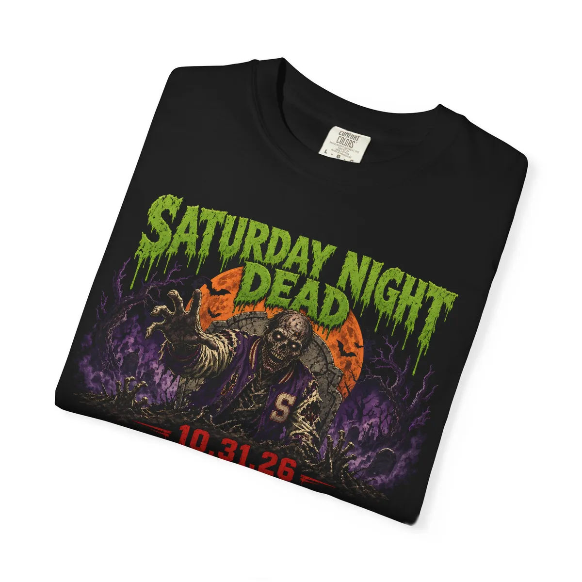 Saturday Night Dead 10.31.26 Tee in Black: folded flat
