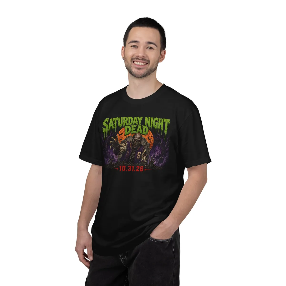 Saturday Night Dead 10.31.26 Tee in Black: worn by a model
